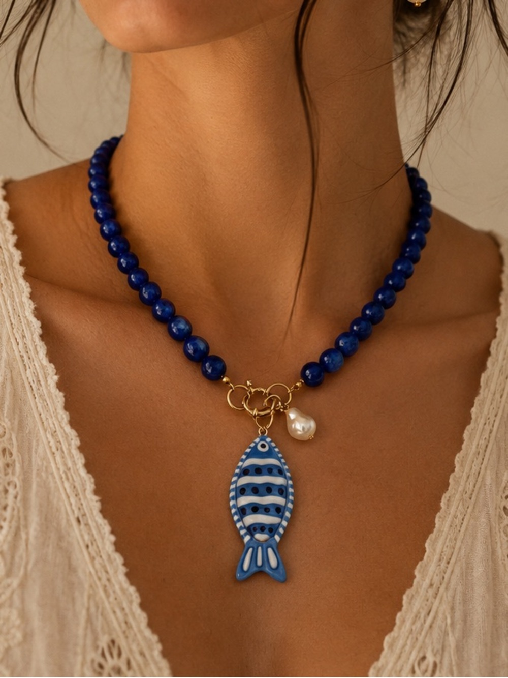 New Coastal Blue Beaded Fish Pendant Necklace with Vegan Pearl Charm